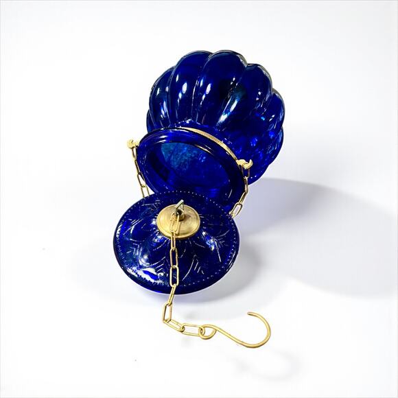 Vintage Cobalt Blue Hundi Glass Lantern-23'' Brass-Bell Pendant Hanging Light - Picture 7 of 13